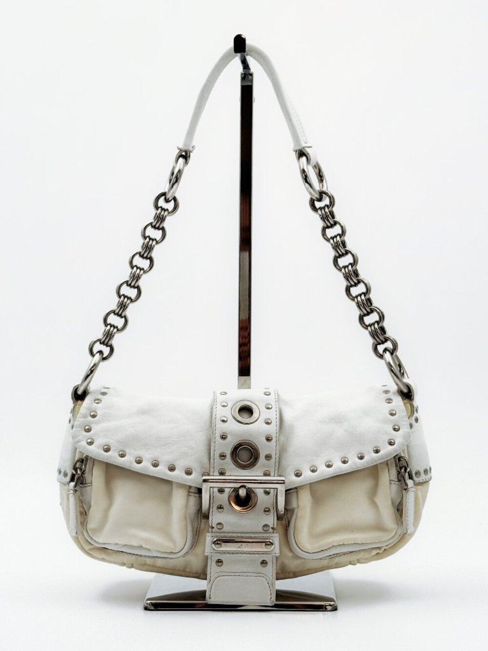 Prada White Leather Studded Chain Shoulder Bag Vintage Y2K Buckle Flap